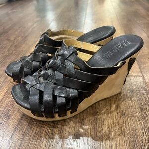 Bed Stu Black and Tan Woven Leather Wedges
